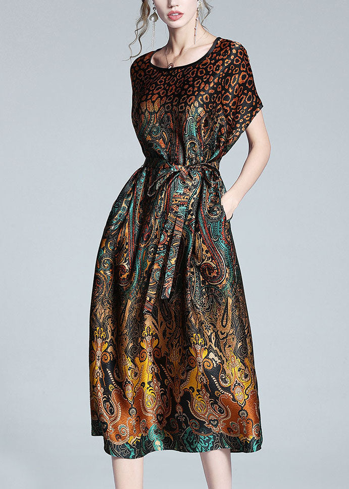 Unique Leopard O Neck Tie Waist Patchwork Silk Dress Summer