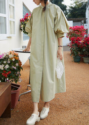 Unique Light Green Stand Collar Solid Cotton Maxi Dress Fall