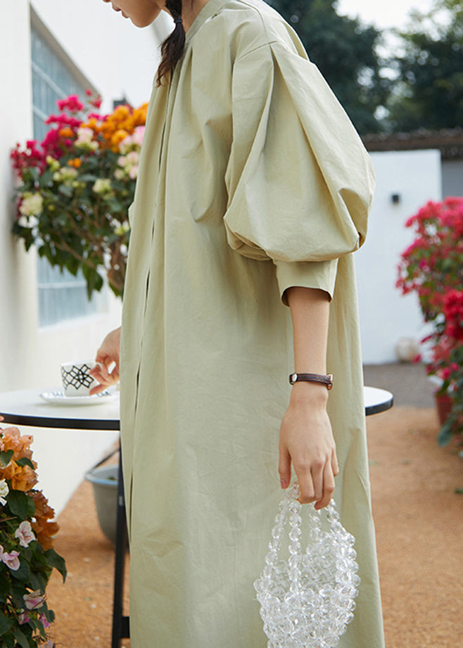 Unique Light Green Stand Collar Solid Cotton Maxi Dress Fall