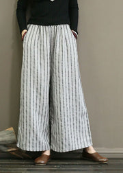 Unique Light Grey Elastic Waist Oversized Striped Linen Pants Trousers Summer