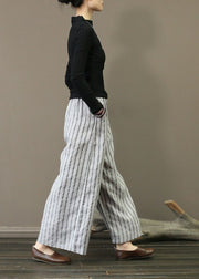 Unique Light Grey Elastic Waist Oversized Striped Linen Pants Trousers Summer