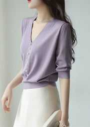 Unique Light Purple V Neck Button Knit T Shirt Half Sleeve