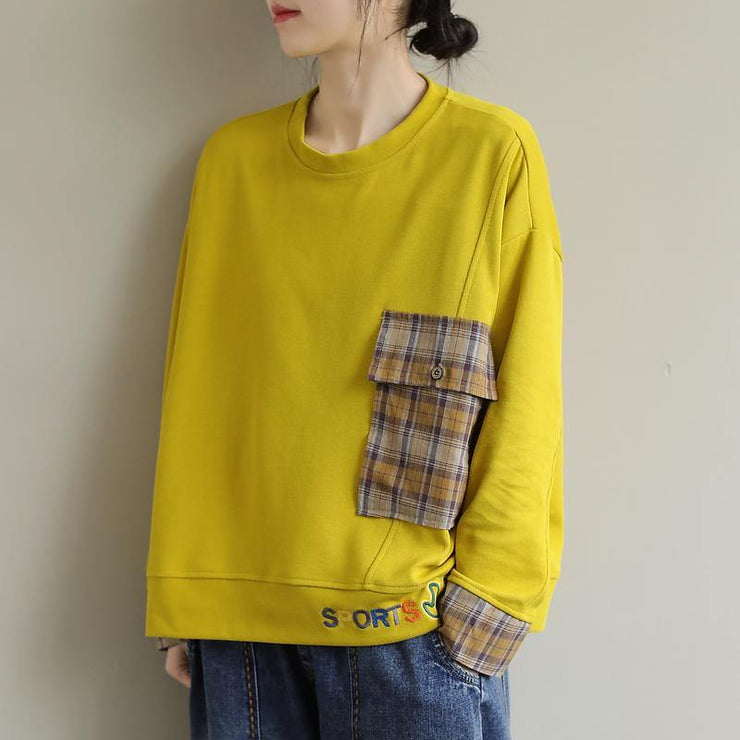 Unique Long Sleeve cotton Embroidery Pockets Tunic Top Photography Yellow blouse - SooLinen