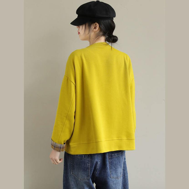 Unique Long Sleeve cotton Embroidery Pockets Tunic Top Photography Yellow blouse - SooLinen