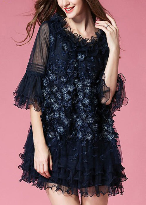 Unique Navy Ruffled Patchwork Tulle Mid Dress Half Sleeve