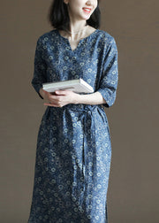 Einzigartige marineblaue Damenkleider mit V-Ausschnitt und Bindebund an der Taille, halbe Ärmel