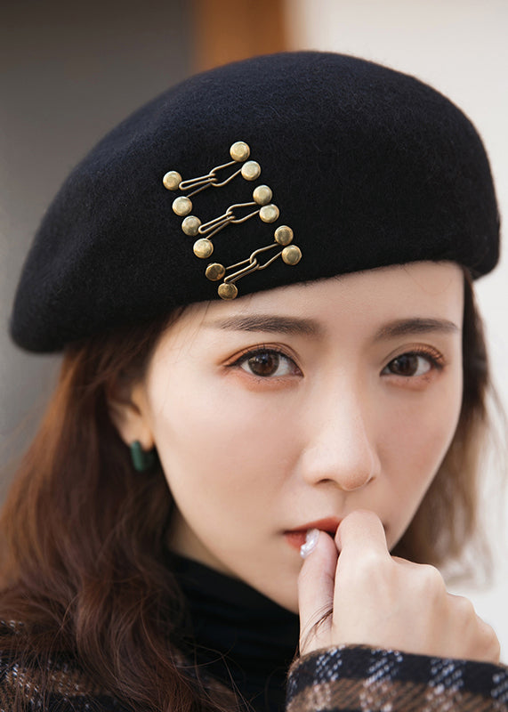 Unique New Black Rivet Decorated Woolen Beret Hat