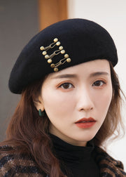 Unique New Black Rivet Decorated Woolen Beret Hat