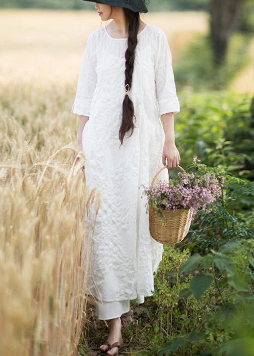 Unique O Neck Cinched Dress White Traveling Dresses - SooLinen