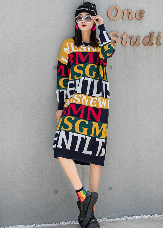 Unique O-Neck Loose Graphic Fall Knit Dress Long Sleeve