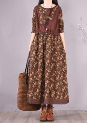 Unique O Neck Patchwork Spring Quilting Clothes Sewing Chocolate Print Loose Dress - SooLinen