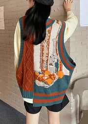 Unique Orange Patchwork asymmetrical design Print Fall Knit Vest