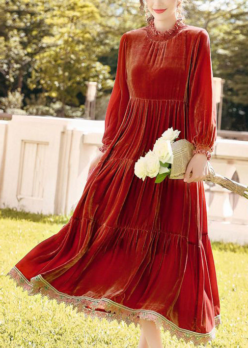 Unique Orange Ruffled Patchwork Wrinkled Silk Velour Dress Spring