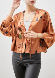 Unique Orange Tasseled Print Silk Cardigans Spring