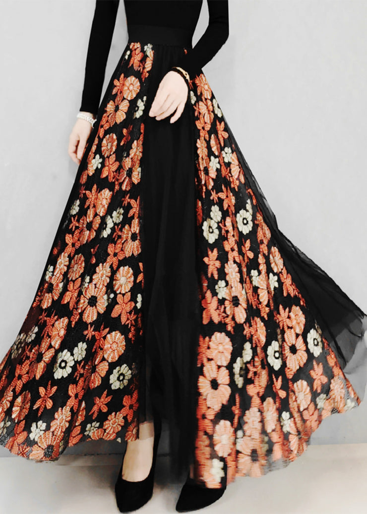 Unique Orange Wrinkled Patchwork Lace Embroideried Tulle Skirt Spring