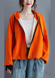 Unique Orange hooded zippered drawstring Fall Jacket Long sleeve
