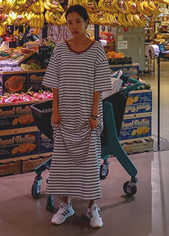 Unique Photo Color O-Neck Striped Cotton Long Dresses Half Sleeve