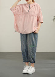 Unique Pink Cinched Half Sleeve Cotton Summer Shirt Top - SooLinen