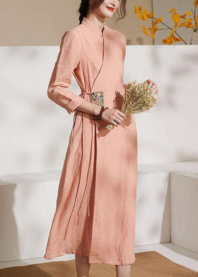 Unique Pink Embroideried tie waist Summer Linen Summer Dresses - SooLinen