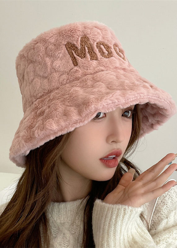 Unique Pink Fuzzy Fur Thick Graphic Bucket Hat