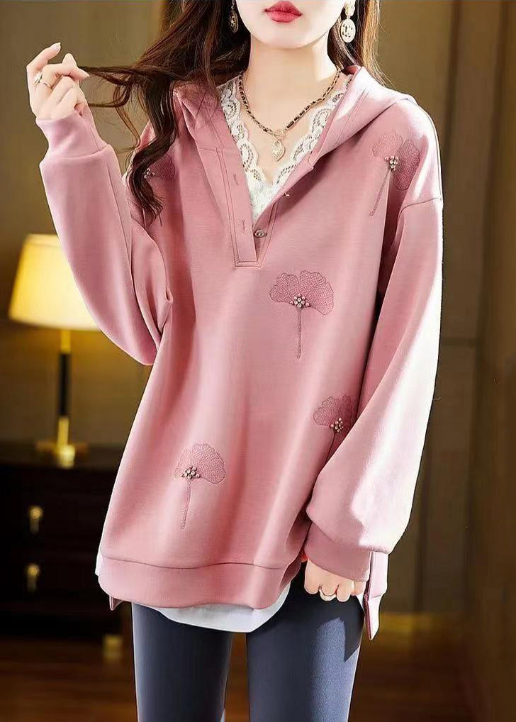 Unique Pink Hooded Embroidered Patchwork Cotton Sweatshirts Fall