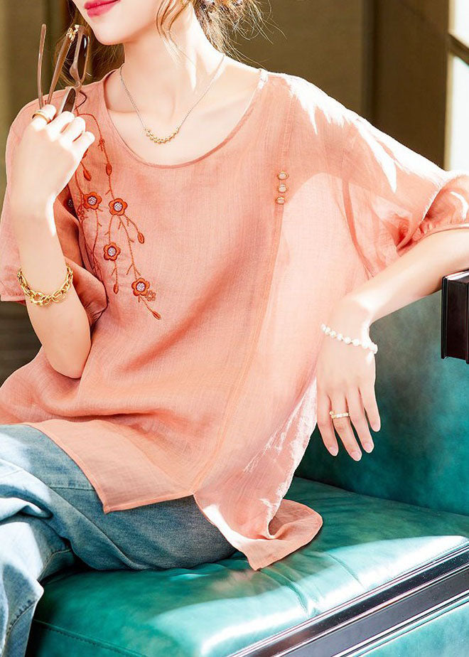 Unique Pink O-Neck Embroidered Patchwork Linen Blouses Summer
