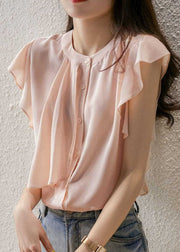 Unique Pink O Neck Patchwork Silk Top Butterfly Sleeves