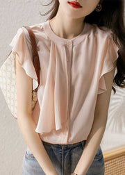 Unique Pink O Neck Patchwork Silk Top Butterfly Sleeves