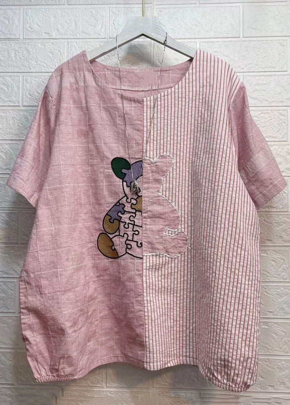 Unique Pink O Neck Print Patchwork Cotton T Shirts Summer