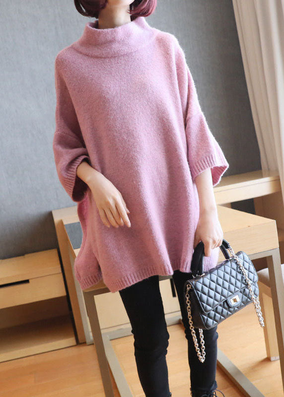 Unique Pink Oversized Side Open Knitted Tops Spring