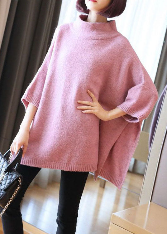 Unique Pink Oversized Side Open Knitted Tops Spring