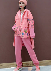 Unique Pink Peter Pan Collar Patchwork Corduroy Two Piece Set Spring