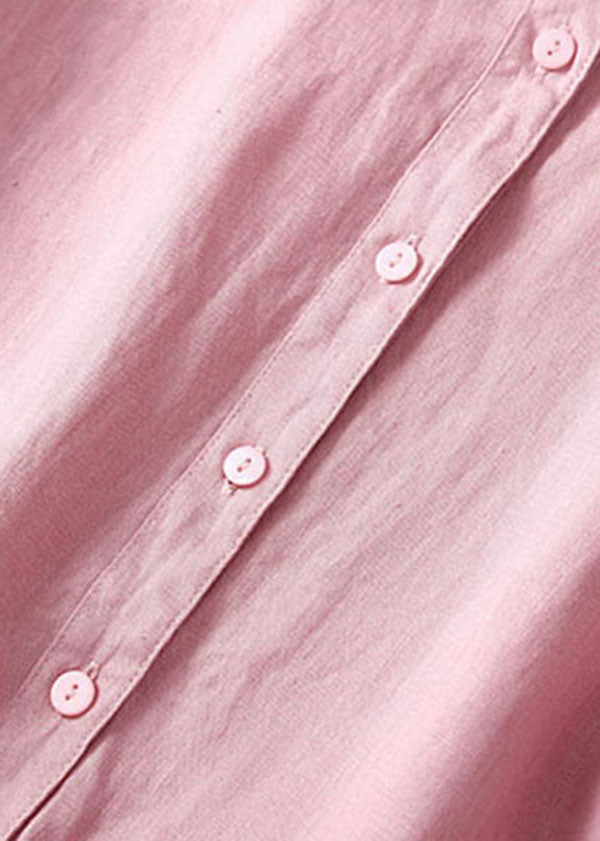 Einzigartiges, rosa Peter Pan-Kragen, zerknittertes Leinenkleid mit kurzen Ärmeln