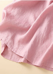 Unique Pink Peter Pan Collar Wrinkled Linen Holiday Dress Short Sleeve