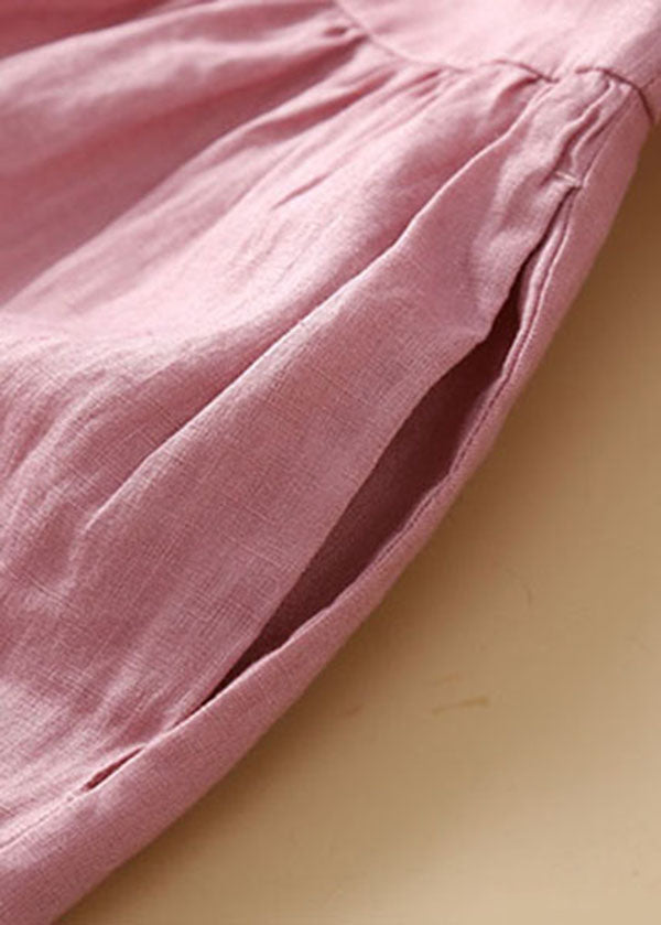 Unique Pink Peter Pan Collar Wrinkled Linen Holiday Dress Short Sleeve