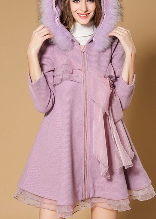 Unique Pink Pockets slim fit Fur collar Fall Woolen Coat