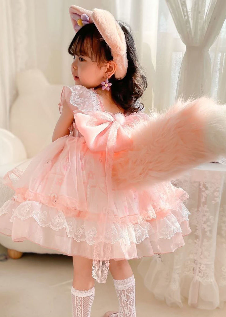 Unique Pink Ruffled Lace Cartoon Print Tulle Baby Girls Princess Dress Summer