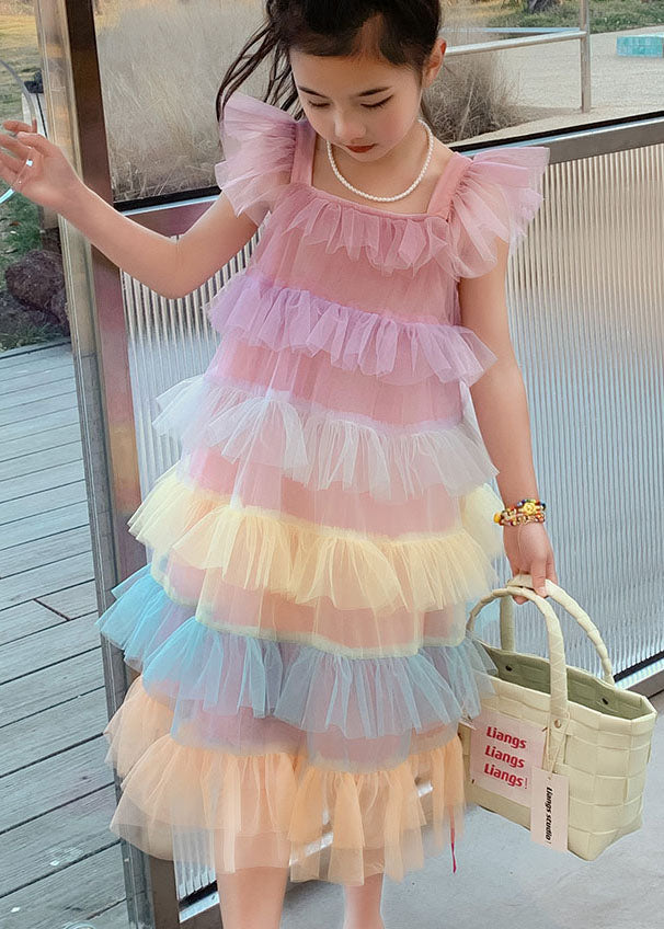 Unique Pink Ruffled Layered Patchwork Tulle Baby Girls Dress Sleeveless