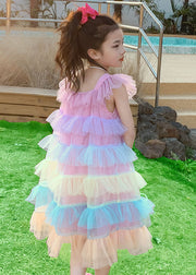 Unique Pink Ruffled Layered Patchwork Tulle Baby Girls Dress Sleeveless