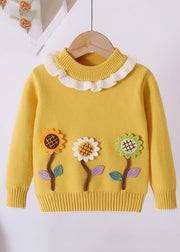 Unique Pink Ruffled The Sunflowers Thick Cotton Knit Kids Girls Sweaters Fall