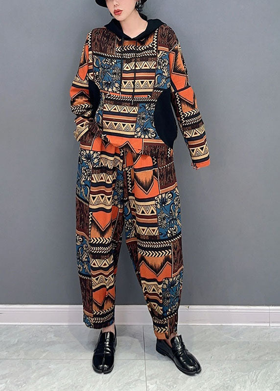 Unique Print Hooded Oversized Cotton 2 Piece Outfit Batwing Sleeve