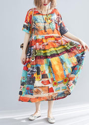 Unique Print O-Neck Cotton Loose Summer Mid Dress - SooLinen