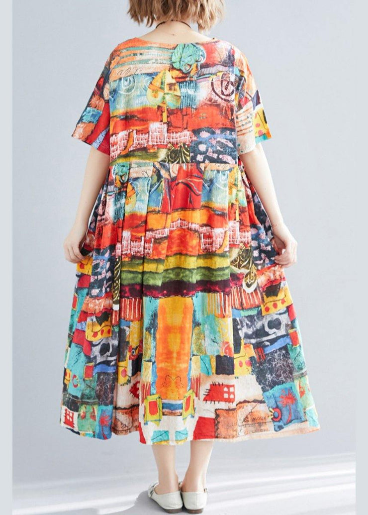 Unique Print O-Neck Cotton Loose Summer Mid Dress - SooLinen