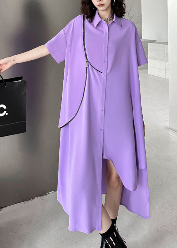 Unique Purple Asymmetrical Zippered Patchwork Chiffon Shirts Dresses Summer