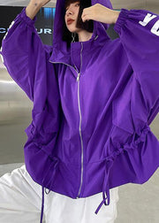 Unique Purple Cotton Letter zippered Hooded Coat Spring - SooLinen