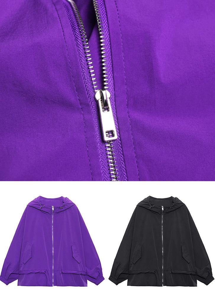 Unique Purple Cotton Letter zippered Hooded Coat Spring - SooLinen