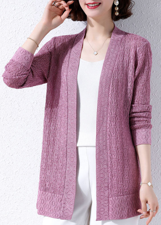 Unique Purple Hollow Out Embroidered Patchwork Knit Cardigans Fall