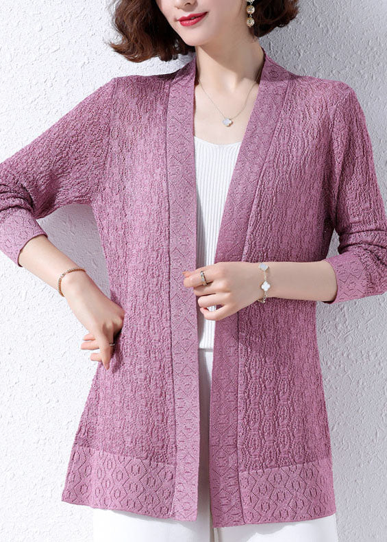 Unique Purple Hollow Out Embroidered Patchwork Knit Cardigans Fall