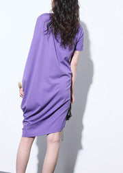 Unique Purple O-Neck Asymmetrical Wrinkled Mid Dresses Short Sleeve