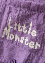 Unique Purple O-Neck Drawstring Pocket Letter Print Cotton Top Short Sleeve